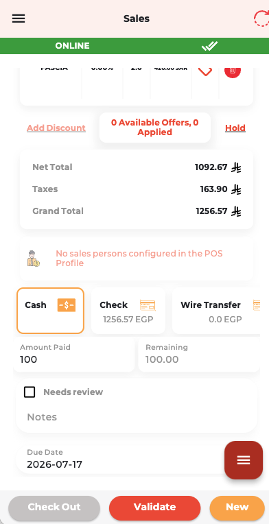 LavaSell checkout screen showing totals, payment methods, and checkout actions